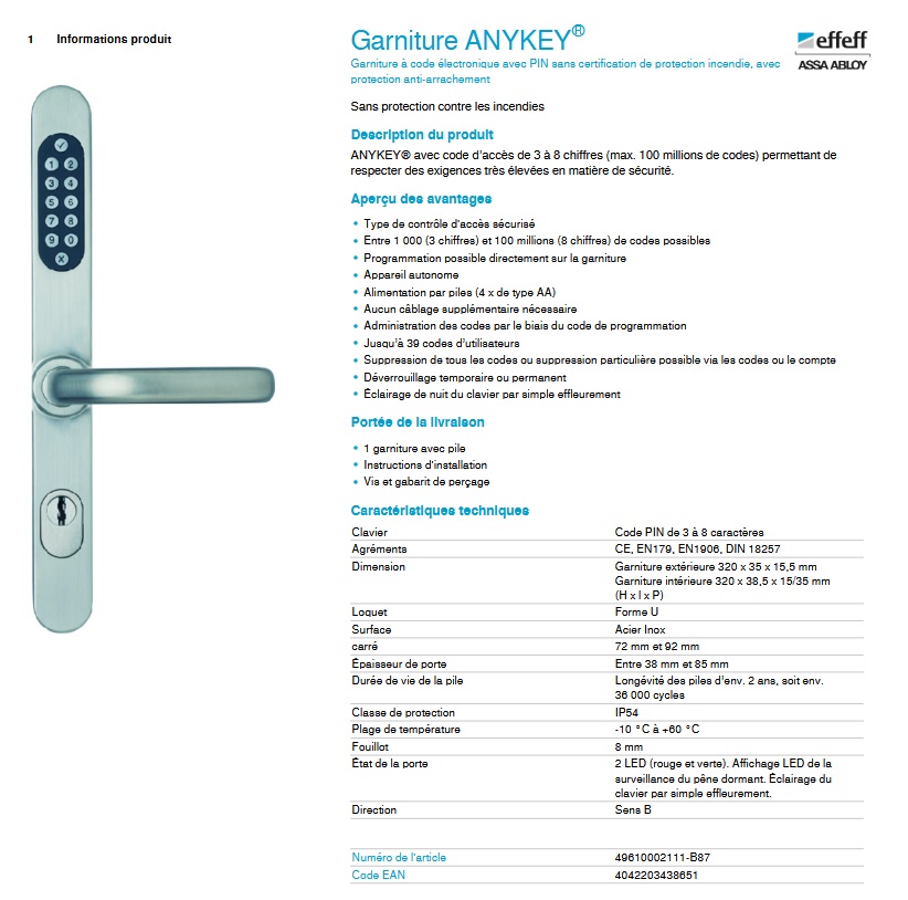 poignee Serrure à code eff eff ASSA ABLOY ANYKEY 496 – Image 3